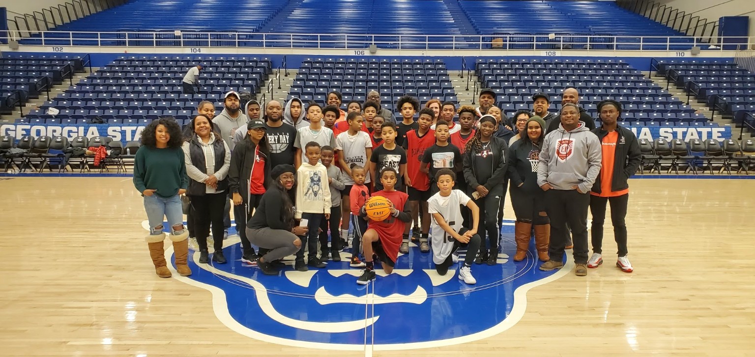 Elite Playmakers 2020 full program group photo at center court at Georgia State